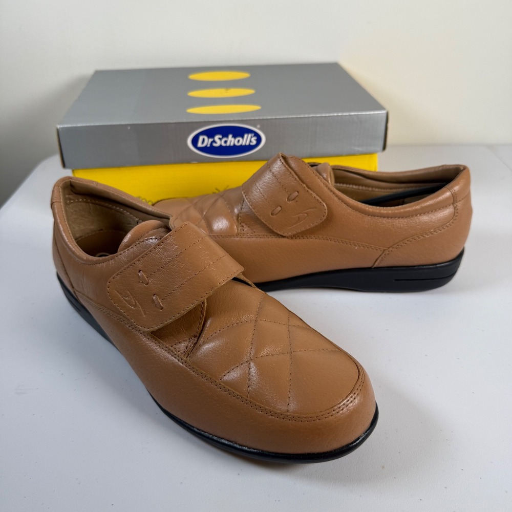 NEW Dr Scholl's E68 One Strap Loafers Shoes 10 Tan Leather Quilted Hook Loop NWB
